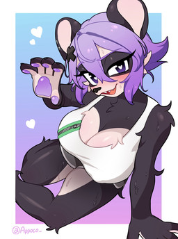 accessory anthro big_breasts biped black_body black_claws black_ears black_fur black_nose blush bodily_fluids bottomwear breasts chest_tuft claws cleavage clothed clothed_anthro clothed_female clothing ear_piercing eyebrows fangs female female_anthro fingers fur gradient_background hair hair_accessory heart_pupils heart_symbol hotpants looking_at_viewer nipple_outline open_mouth open_smile pawpads paws piercing pose purple_eyebrows purple_eyes purple_hair purple_pawpads short_hair shorts silver_piercing simple_background smile solo sweat teeth topwear tuft white_breasts white_clothing white_inner_ear white_topwear appoco tai_(dayo) bear giant_panda mammal 2026 hi_res pinup portrait signature