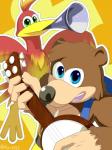 anthro banjo_(instrument) blue_eyes brown_body brown_fur duo feathers female fur green_eyes male musical_instrument object_in_mouth playing_music plucked_string_instrument red_body red_feathers smile string_instrument kalk427 banjo-kazooie rareware banjo_(banjo-kazooie) kazooie avian bear breegull mammal hi_res