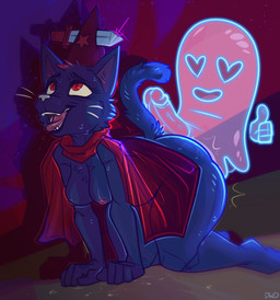 all_fours anthro blue_body blue_fur breasts butt cape chest_tuft clothing duo fangs female fur genitals gesture hand_gesture heart_eyes heart_symbol hot_dogging male male/female nipple_dip nipples open_mouth penis red_eyes sex teeth thumbs_up tongue tongue_out tuft dimwitdog night_in_the_woods mae_borowski domestic_cat felid feline felis ghost mammal spirit 2021 absurd_res hi_res