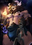 abs anthro areola biceps big_breasts blue_eyes bottomwear breasts bulge butt chain claws clothed clothing detailed_background first_person_view forest forest_background fur hair horn lips loincloth looking_at_viewer male muscular muscular_anthro muscular_male nature nature_background night nipples open_mouth outside paws pecs piercing plant ring_piercing runes scar smile solo tattoo teeth topless torch torch_light tree white_body tem1tem blackary_(gonsha) bovid canid canine caprine mammal sheep 2025 absurd_res digital_media_(artwork) hi_res