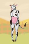 anthro female flashing flashing_pussy fur genitals hooves horn looking_at_viewer nude pussy shy simple_background solo spots tail tail_tuft teats tuft udders squiggleflop bovid bovine cattle mammal hi_res