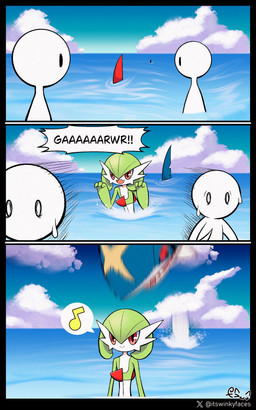 ambiguous_gender blue_body chest_spike fangs female feral fin green_body green_hair group hair imminent_danger musical_note musical_symbol red_eyes scar sea shocked smile spikes spikes_(anatomy) splash symbol teeth text water white_body winkyfaces nintendo pokemon gardevoir generation_3_pokemon humanoid pokemon_(species) sharpedo 2025 5:8 absurd_res comic digital_drawing_(artwork) digital_media_(artwork) hi_res