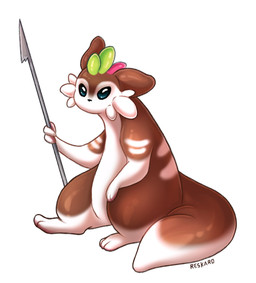 ambiguous_gender facial_tuft feral glistening glistening_body holding_object holding_weapon looking_forward melee_weapon multicolored_body polearm simple_background sitting solo spear striped_body stripes tail text tuft weapon white_background reskaro rain_world videocult slugcat artist_name character_request hi_res