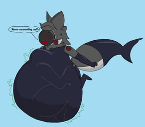 ambiguous_gender anthro belly big_belly blush clothing dialogue digestion digestion_implied digestion_noises duo femboy femboy_pred latex latex_clothing latex_skinsuit machine male shark_tail size_difference skinsuit smaller_male smaller_pred talking_to_viewer tight_clothing vore eviltoaster05 eviltoaster protogen unknown_species absurd_res hi_res