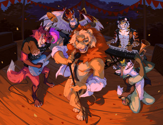 anthro barefoot bottomless bottomless_anthro bottomless_male brass_instrument bunting_(banner) clothed clothing drum electric_guitar electronics feet fish_eye_view fur group guitar hat headgear headwear keyboard_instrument kneeling looking_at_viewer male mane microphone microphone_stand musical_instrument musical_keyboard open_clothing open_shirt open_topwear percussion_instrument playing_music plucked_string_instrument shirt singing standing string_instrument stripes t-shirt tan_body tan_fur teeth topwear trumpet white_body white_fur wind_instrument corzh77 avali canid felid lion mammal pantherine tiger 2026 digital_media_(artwork) hi_res