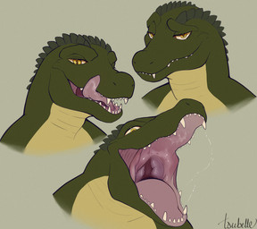 anthro bodily_fluids buccinator countershade_neck countershade_torso countershading fangs gaping_mouth licking licking_lips licking_own_lips looking_at_viewer mouth_closed mouth_shot open_mouth saliva saliva_string scutes sharp_teeth simple_background snout solo teeth throat tongue tongue_out yellow_eyes tsubelle crocodilian reptile scalie 2024 bust_portrait expression_sheet portrait signature