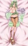 bare_shoulders big_breasts blue_eyes blush breasts cleavage clothed clothing clothing_pull coke-bottle_glasses dakimakura eyewear eyewear_on_head feathered_wings feathers feet female glasses green_eyes green_hair hair high-angle_view legwear long_hair lying matching_hair/eyes midriff monster_girl_(genre) navel nipples on_back pattern_clothing pattern_legwear shirt shirt_pull smile solo striped_clothing striped_legwear stripes talons tank_top toes topwear topwear_pull underwear undressing wings tsugurusu_kyohou european_mythology greek_mythology mythology one_piece monet monet_(one_piece) animal_humanoid avian avian_humanoid harpy humanoid mythological_avian mythological_creature dakimakura_design hi_res