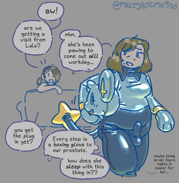 brown_hair bulge buttplug clothing dialogue duo female grey_background gynomorph hair headgear headwear imminent_transformation intersex latex latex_clothing latex_headwear latex_hood latex_skinsuit plug_(sex_toy) plural sex_toy simple_background skinsuit speech_bubble standing text tight_clothing meltyautumn nintendo pokemon animate_inanimate felid generation_4_pokemon human humanoid mammal pokemon_(species) shinx english_text trans_(lore) trans_woman_(lore)