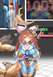 accessory anthro biped blue_clothing blue_markings blush bow_ribbon breasts brown_hair brown_markings clothed clothing countershade_arms countershade_face countershade_legs countershade_neck countershade_tail countershade_torso countershading dildo eyewear female first_person_view floor front_view glasses goo_drip goo_transformation grey_background hair hair_accessory hair_bow hair_ribbon heart_pupils heart_symbol holding_tray id_card latex latex_clothing looking_pleasured markings motion_lines non-mammal_breasts non-mammal_hair nude open_mouth orange_body orange_clothing ribbons sex_toy side_view simple_background solo standing tail tail_motion tailwag text tile tile_floor transformation vibrator white_body white_countershading yimoon640 fish marine shark 2025 artist_name chinese_text colored comic hi_res shaded