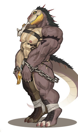 bandage bone bottomwear bulge chain chest_strap clothing digitigrade hair loincloth male muscular muscular_male nipples skull solo standing teeth tribal vein veiny_muscles traver009 anothereidos_of_dragon_vein_r scavand dinosaur prehistoric_species reptile scalie absurd_res hi_res