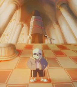 black_sclera bone bottomwear clothing duo footwear hoodie knife not_furry pillar shoes shorts skeleton slippers stained_glass topwear bani-chan undertale undertale_(series) frisk_(undertale) sans_(undertale) animated_skeleton human humanoid mammal undead 2015 absurd_res hi_res