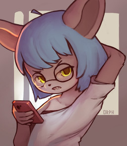 anthro cellphone clothed clothing cute_fangs electronics eyewear fangs female fur glasses hair looking_at_viewer open_mouth phone shirt simple_background smartphone solo teeth topwear young young_anthro orphira mochi_(orphira) mammal mustelid otter river_otter absurd_res digital_media_(artwork) hi_res