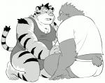 anthro belly clothing cute_fangs duo fangs humanoid_hands male male/male overweight overweight_male shirt simple_background sitting teeth topwear underwear white_background tiger_cub felid mammal pantherine tiger 2019