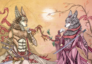 anthro detailed_background duo female japan male melee_weapon petals plant scenery sun sword toony tree weapon wood flip-fox aquatic arthropod butterfly canid canine canis fish insect lepidopteran mammal wolf detailed hi_res