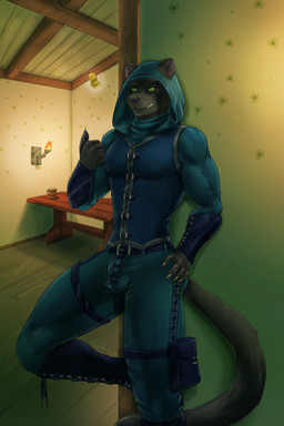 alcohol anthro armor beer belt beverage biceps black_body black_fur boots bottomwear bulge clothed clothing coin coin_flip fire floor footwear fur furniture gauntlets gloves green_eyes handwear hood laced_clothing leather male muscular muscular_male pants rogue shirt shoes smile smirk solo table tail tankard tavern teeth topwear torch vest wood wood_floor howlfeiwolf dungeons_and_dragons hasbro wizards_of_the_coast felid feline felis mammal pantherine 2:3 absurd_res digital_media_(artwork) hi_res
