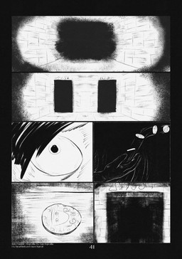 6_panel_comic ambiguous_gender black_eyes black_hair clothing coin corridor eyebrows fingers floor gloves hair handwear motion_lines page_number solo text wall_(structure) white_sclera white_text leprzil mammal 2026 artist_name comic english_text hi_res monochrome male_(lore)