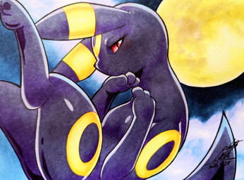 ambiguous_gender black_body butt eyelashes feral looking_at_viewer markings moon open_mouth paws red_eyes ring_(marking) simple_background solo tail 025aki nintendo pokemon eeveelution generation_2_pokemon pokemon_(species) umbreon 2026 absurd_res dated hi_res signature