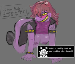 anthro big_breasts breasts female solo text rotrotrotten deltarune undertale_(series) english_text