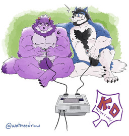 4_toes 5_fingers anthro areola arm_tuft armpit_hair barazoku beard biceps biped black_areola black_beard black_claws black_eyebrows black_facial_hair black_hair black_inner_ear black_markings black_nipples black_nose blue_body blue_ears blue_fur blue_tail bodily_fluids body_hair butterfly_sitting calf_muscles chest_hair claws controller countershade_arms countershade_face countershade_fur countershade_legs countershade_neck countershade_tail countershade_torso countershading crescent_moon_(marking) crotch_tuft deltoids dipstick_tail duo elbow_on_knee elbow_tuft electronics emanata eyebrows facial_hair facial_scar featureless_crotch feet finger_claws fingers first_person_view flash_emanata forearm_muscles front_view fur game_console game_controller gaming gloves_(marking) gradient_ears green_background grey_body grey_fur grinning_at_another hair hand_on_another's_back holding_controller holding_game_controller holding_object humanoid_feet knee_pulled_up leg_markings looking_at_another looking_at_viewer male mane markings mature_anthro mature_male moon_(marking) mouth_closed multicolored_body multicolored_fur muscular muscular_anthro muscular_arm muscular_legs muscular_male mustache nintendo_controller nipples nude_anthro nude_male orange_ears pecs pink_areola pink_body pink_ears pink_fur pink_nipples pink_tail plantigrade playing_video_game purple_hair purple_mane purple_tail_tip scar simple_background sitting sitting_on_ground smug_grin snes_console snes_controller socks_(marking) star_(marking) surprised sweat sweatdrop tail tail_markings text textured_background toe_claws toes triceps tuft two_tone_body two_tone_fur two_tone_tail whisker_spots white_background white_body white_facial_hair white_fur white_inner_ear white_mustache white_tail_tip wide_eyed watmeedraw nintendo socially_awkward super_nintendo garth_warrick canid canine canis mammal wolf english_text signature
