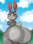 2022 3:4 anthro big_butt blush bottom_heavy butt cloud day disney female fingers hi_res huge_butt judy_hopps lagomorph leporid looking_at_viewer looking_back looking_back_at_viewer mammal mrxrickyx nude outside purple_eyes rabbit scut_tail short_tail solo tail zootopia