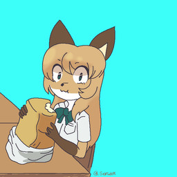 anthro bread brown_body brown_fur clothing dipstick_tail female female_anthro food fur furniture gloves_(marking) green_eyes hair leg_markings looking_at_viewer markings simple_background sitting socks_(marking) solo table tail tail_markings white_body white_fur .sekibanki conditional_dnp bleach_(series) averi_(fiddleafox) canid canine fox mammal 1:1 signature
