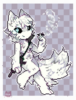 5_fingers ambiguous_gender anthro blue_eyes chest_tuft cigarette fingers fur gun gun_sling hair head_tuft looking_at_viewer ranged_weapon smile smoke solo tuft weapon weapon_on_back white_body white_fur white_hair brila casualties:_unknown gunsaw canid canine gunsawian mammal milky_(gunsawian) digital_media_(artwork) hi_res pixel_(artwork)