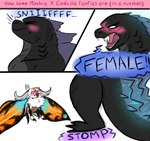 ambiguous_gender blush duo humor text the_truth clevzx godzilla_(series) monsterverse mothra_(series) toho godzilla mothra arthropod insect kaiju lepidopteran monster moth colored english_text hi_res female_(lore)