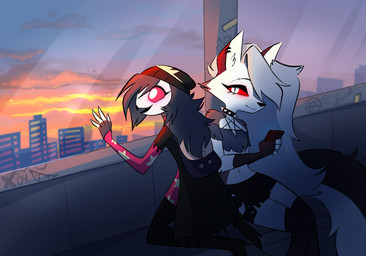 anthro backpack beak beanie big_tail black_beak black_bottomwear black_clothing black_crop_top black_eyelids black_hair black_shirt black_shorts black_topwear bottomwear cellphone city cityscape closed_smile clothing cloud crop_top duo ear_piercing electronics female fingerless_gloves fur gloves glowing glowing_eyes graffiti grey_hair hair handwear hat headgear headwear holding_cellphone holding_object holding_phone holding_smartphone kneeling legs_together legwear long_hair looking_out_window midriff mouth_closed navel open_mouth open_smile pattern_clothing phone piercing pink_clothing pupils red_sclera shirt shorts sitting sky slit_pupils smartphone smile star_pattern sunrise tail thigh_highs topwear white_body white_eyes white_face white_fur akrost hellaverse helluva_boss mythology loona_(helluva_boss) octavia_(helluva_boss) avian avian_demon bird canid canid_demon canine demon goetia hellhound mammal mythological_canine mythological_creature owl owl_demon 2023 hi_res
