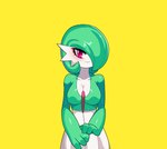 breasts collarbone drunk_oak female front_view gardevoir generation_3_pokemon green_hair hair hair_over_eye humanoid looking_at_viewer male_(lore) medium_breasts nintendo not_furry one_eye_obstructed pink_eyes pokemon pokemon_(species) simple_background solo white_body white_breasts white_skin yellow_background