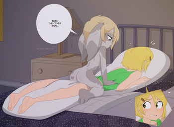 bed bedroom blonde_hair detailed_background dialogue dork duo embarrassed eyewear floppy_ears furniture glasses hair humping imminent_sex lamp lying male nightstand on_front panicking position_switch shortstack shortstack_male smile text transformation merunyaa guild_wars magister_jezza asura 2017 english_text
