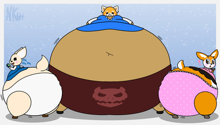 anthro belly belly_squish big_belly big_breasts big_butt black_clothing black_footwear black_nose black_shoes blue_background blue_clothing blue_topwear bodily_fluids border breasts brown_clothing brown_footwear brown_inner_ear brown_shoes butt cellphone cheek_bulge clothing electronics empty_eyes exclamation_point eyelashes female footwear grey_clothing grey_footwear grey_horn grey_shoes group holding_object holding_phone horn huge_belly huge_butt huge_thighs hyper hyper_belly hyper_butt hyper_pear laugh looking_back monobutt morbidly_obese morbidly_obese_anthro morbidly_obese_female motion_lines multicolored_body navel obese obese_anthro obese_female open_mouth open_smile orange_body orange_ears orange_tail overweight overweight_anthro overweight_female panties phone pink_clothing pink_panties pink_topwear pink_underwear red_clothing red_mouth red_panties red_underwear scut_tail shoes short_tail simple_background smile squish sweat sweatdrop tail tan_body tan_ears tan_tail thick_thighs tight_clothing topwear trio two_tone_body two_tone_tail underwear weight_gain white_body white_border white_clothing white_ears white_inner_ear white_panties white_tail white_underwear neonkitty64 aggretsuko sanrio fenneko retsuko tsunoda_(aggretsuko) ailurid antelope bovid canid canine fennec_fox fox gazelle mammal red_panda true_fox 2025 7:4 absurd_res colored digital_media_(artwork) flat_colors hi_res signature