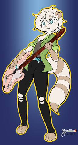 bass_guitar clothed clothing fur guitar hair male musical_instrument plucked_string_instrument solo string_instrument arashidrgn kenny_(kennyoung) mammal procyonid raccoon 2021 absurd_res hi_res