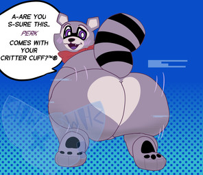anthro artificial_intelligence big_butt blush blush_lines bouncing_butt butt fur huge_butt kerchief male open_mouth purple_eyes simple_background smile solo speech_bubble tail text thick_thighs tongue twerking wide_hipped_male wide_hips shwungus indigo_park rambley_raccoon digital_creature mammal procyonid raccoon digital_drawing_(artwork) digital_media_(artwork) english_text shaded signature watermark