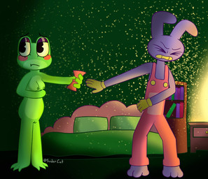 anthro areola bed blush book bookshelf breasts clothing duo female furniture genitals gloves green_body grimace handwear light looking_away male nightlight nude overalls paws purple_body rabbit_ears vulva soder_cat glitch_productions the_amazing_digital_circus jax_(tadc) ribbit_(tadc) amphibian frog lagomorph leporid mammal rabbit digital_drawing_(artwork) digital_media_(artwork) hi_res