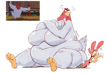 3_toes angry anthro beak belly big_breasts bodily_fluids breasts brown_body brown_feathers crossed_arms duo feathers featureless_breasts featureless_crotch feet female huge_breasts male male/female obese obese_anthro obese_female overweight overweight_anthro overweight_female sitting_on_another sweat toes redic-nomad rover_dangerfield hen_(rover_dangerfield) rooster_(rover_dangerfield) avian bird chicken galliform phasianid 2026 hi_res reference_image