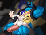 abs anthro balls big_balls big_butt big_dom_small_sub big_pecs big_penis black_body black_fur blue_body blue_fur blue_hair bodily_fluids butt butt_grab dominant duo eye_scar face_between_breasts face_between_pecs facial_scar female fluffy fur genital_fluids genitals hair hand_on_butt hug huge_penis hugging_another hyper hyper_genitalia hyper_penis larger_male laying_on_another lying male male/female muscular muscular_male nipples nude on_back pecs penis raised_tail scar size_difference tail vaginal_fluids white_body white_fur yellow_body yellow_fur mistakes nintendo pokemon lila_boom nagisalucario domestic_cat felid feline felis generation_4_pokemon lucario mammal pokemon_(species) 4:3 absurd_res hi_res