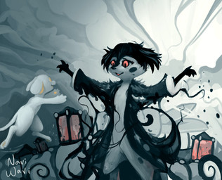 ambiguous_gender anthro big_ears black_body black_fur black_hair black_markings blue_clothing clothing duo fur grey_background grey_body grey_fur hair imminent_hug lamp lantern markings red_eyes reunite running simple_background tail white_body white_fur white_tail yellow_eyes yellow_markings naviwavi hi_res