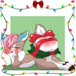 accessory anthro antlers belly blush body_blush bow_(feature) bow_accessory bow_ribbon bubble_butt butt butt_blush chibi christmas_lights cloven_hooves furgonomics hair holidays hooves horn leg_markings lying male markings nude on_front pink_eyes pink_hair ribbons simple_background socks_(marking) solo spank_marks tail tail_accessory tail_bow tail_ribbon white_belly white_butt white_markings momodesugart christmas calyx_forrester deer mammal 1:1 hi_res