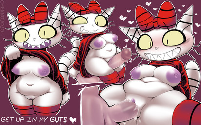 accessory anthro bodily_fluids bow_ribbon breasts clothed clothed_sex clothing cum cum_in_vagina cum_inside dripping duo female female_focus from_front_position fur genital_fluids genitals humanoid_genitalia humanoid_penis interspecies leaking_precum legwear lying male male/female markings missionary_position multiple_poses nipples on_back penetration penis pose precum precum_drip purple_nipples pussyjob sex sharp_teeth simple_background slightly_chubby stockings striped_markings striped_tail stripes tail tail_markings teeth text thigh_sex vaginal vaginal_fluids vaginal_penetration vulva whiskers white_body white_fur cherrobojo hot_topic sweetypuss domestic_cat felid feline felis human mammal absurd_res hi_res