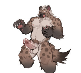 anthro balls barazoku black_body black_fur black_nose bodily_fluids brown_body brown_fur circumcised claws cum cum_drip cum_on_balls dripping erection fur genital_fluids genitals glans hair humanoid_genitalia humanoid_penis licking licking_lips male markings multicolored_body multicolored_fur muscular muscular_male navel nipples nude nude_male pawpads pecs penis pink_pawpads pubes simple_background solo spots spotted_body tail tan_body tan_fur tongue tongue_out tuft vein veiny_penis white_background yellow_eyes trenza hyena mammal hi_res