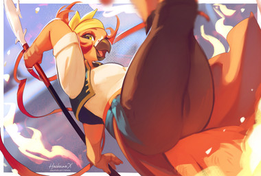 anthro beak biped bottomwear breasts butt claws clothed clothed_anthro clothed_female clothing female fingers fire front_view fully_clothed fully_clothed_anthro fully_clothed_female glaive jumping looking_at_viewer magic melee_weapon non-mammal_breasts polearm smile solo tail thick_thighs tongue topwear weapon hackainax maya_ellis avian bird parrot 2026 digital_drawing_(artwork) digital_media_(artwork) hi_res
