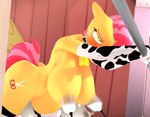 animal_print anthro anthrofied armwear bent_over big_breasts blush bodily_fluids breasts clothing collar cow_print cowbell cutie_mark elbow_gloves female gloves green_eyes handwear lactating legwear machine milk milking_machine stockings purplefondue friendship_is_magic hasbro my_little_pony babs_seed_(mlp) earth_pony equid equine horse mammal pony 3d_(artwork) digital_media_(artwork) hi_res
