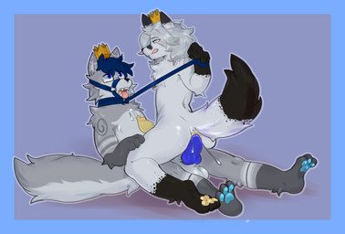 ahegao anal anal_penetration anthro anus balls blue_eyes blue_hair blue_pawpads blue_penis bodily_fluids butt collar cowgirl_position crown cum cum_inside cum_on_belly cum_on_body cum_on_penis dominant dominant_male duo erection eyewear eyewear_on_face food from_front_position fur genital_fluids genitals glasses grey_body grey_fur grey_hair hair headgear holding_leg holding_thigh king knot leash leash_pull leashed_top looking_pleasured lying male male/male male_penetrated male_penetrating male_penetrating_male markings mochi multicolored_body nude on_back on_bottom on_top open_mouth orgasm pawpads paws penetration penile penile_penetration penis power_bottom royalty sex simple_background smile submissive submissive_male tail tongue tongue_out white_body white_fur yellow_eyes yellow_pawpads yellow_penis benjamin_blue hexi arctic_fox canid canine canis fox mammal true_fox wolf absurd_res hi_res