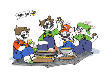 5_fingers anthro arms_bent baking_tray bent_arm bent_legs biped biting_on_toothpick black_eyebrows black_eyes black_facial_hair black_mustache blue_clothing blue_eyes blue_overalls bodily_fluids bowl brown_hair button_(fastener) chopsticks closed_smile clothed clothed_anthro clothed_human clothed_male clothing container eating eating_food eyebrow_through_hair eyebrows facial_hair fingers food footwear fully_clothed fully_clothed_anthro fully_clothed_human fully_clothed_male fur gloves green_clothing green_hat green_headwear green_shirt green_topwear group hair handwear hat headgear headwear holding_chopsticks holding_food holding_object kore larger_human larger_male long_ears looking_at_another looking_at_food looking_at_object male male_anthro male_human motion_lines mouth_closed mustache nervous nervous_smile nervous_sweat newspaper noseless overalls pawpads pupils reaching_for_object red_clothing red_hat red_headwear red_shirt red_topwear rolled_up_sleeves shirt shirtless_anthro shirtless_male short_hair sideways_hat simple_background sitting size_difference smaller_anthro smaller_male smile smiling_at_another socks soup spatula sweat sweatdrop tan_body tan_pawpads tan_skin text tools toothpick toothpick_in_mouth topwear translucent translucent_hair white_background white_body white_clothing white_footwear white_fur white_gloves white_handwear white_pupils white_sclera white_skin white_socks bam_ml mario_bros mario_plus_rabbids_kingdom_battle mario_plus_rabbids_sparks_of_hope nintendo raving_rabbids rayman_(series) ubisoft luigi mario rabbid_luigi rabbid_mario human lagomorph mammal rabbid 2023 crossover digital_drawing_(artwork) digital_media_(artwork) korean_description korean_text partially_colored shaded simple_shading translation_request brother_(lore) brothers_(lore) sibling_(lore) twins_(lore)