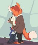 anthro barefoot caressing clothed clothing detailed_background dipstick_tail duo eyes_closed feet kissing male male/male markings office standing suit tail tail_markings unbuttoned_pants undressing animancer disney zootopia gideon_grey travis_(zootopia) black-footed_ferret canid canine fox mammal mustelid musteline red_fox true_fox true_musteline weasel 2019 signature