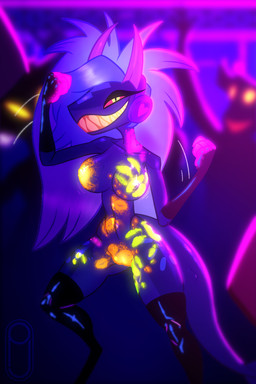anthro big_breasts big_butt blacklight blacklight_paint blue_body blue_skin bodily_fluids bouncing_breasts breasts butt camel_toe casual_nudity clothing crowd dancing electronics fangs female fingerless_gloves gloves green_teeth grope group hair hand_print handwear headphones hell horn kiss_mark legwear long_hair long_horn looking_at_viewer neon_lights nipples nude nude_female party public public_nudity rave red_eyes smile smiling_at_viewer solo sweat tail teasing teeth thick_thighs thigh_highs wet pickle_juice hazbin_hotel hellaverse background_character aquatic demon fish shark sinner_demon 2:3 hi_res