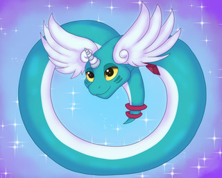 blue_body cheek_markings countershading facial_markings feathered_wings feathers feral gem head_markings horn markings red_markings serpentine unicorn_horn white_body wings yellow_eyes tastytales nintendo pokemon fan_character gwini_(gyro) dragonair generation_1_pokemon pokemon_(species) hi_res
