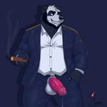 anthro balls bodily_fluids bottomwear cigar cigar_smoke clothed clothing erection fur genital_fluids genitals holding_cigar holding_object humanoid_genitalia humanoid_penis leaking_precum male overweight overweight_anthro overweight_male pants penis precum shirt simple_background smile smoke solo suit teeth topwear yetsu yetsupanda bear giant_panda mammal 1:1 digital_media_(artwork) hi_res