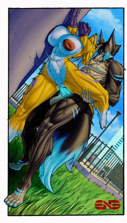 anthro areola armwear athletic athletic_female athletic_male balls big_areola big_balls big_breasts big_penis blue_eyes blue_nipples blue_penis blue_sky bodily_fluids breasts brown_eyes chest_tuft clothing digitigrade duo exhibitionism female fluffy fluffy_tail from_behind_position fur genitals glowing glowing_genitalia glowing_penis inverted_nipples long_nails male male/female markings multicolored_body multicolored_fur muscular muscular_female muscular_male nipples nude on_one_leg outside outside_sex penetration penis public public_nudity public_park public_sex serratus sex sky smile smirk smirking_at_partner standing standing_sex sweat tail tuft vaginal vaginal_penetration vein veiny_muscles yellow_body yellow_fur en3rton bandai_namco digimon blake_aurora canid canine digimon_(species) fox mammal renamon absurd_res hi_res