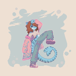 anthro blue_background blue_body blue_clothing blue_eyes bottomwear brown_hair butt clothed clothing femboy footwear hair looking_at_viewer male markings one_hand_up one_leg_on_ground one_leg_up overcoat pants pink_clothing pink_footwear pink_shoes raised_arm raised_hand raised_leg shoes simple_background solo standing striped_body striped_ears striped_markings striped_tail stripes tail tail_markings topwear white_background white_clothing navicattt aquatic fish mammal shark 1:1 2025 colored digital_drawing_(artwork) digital_media_(artwork) hi_res pixel_(artwork)